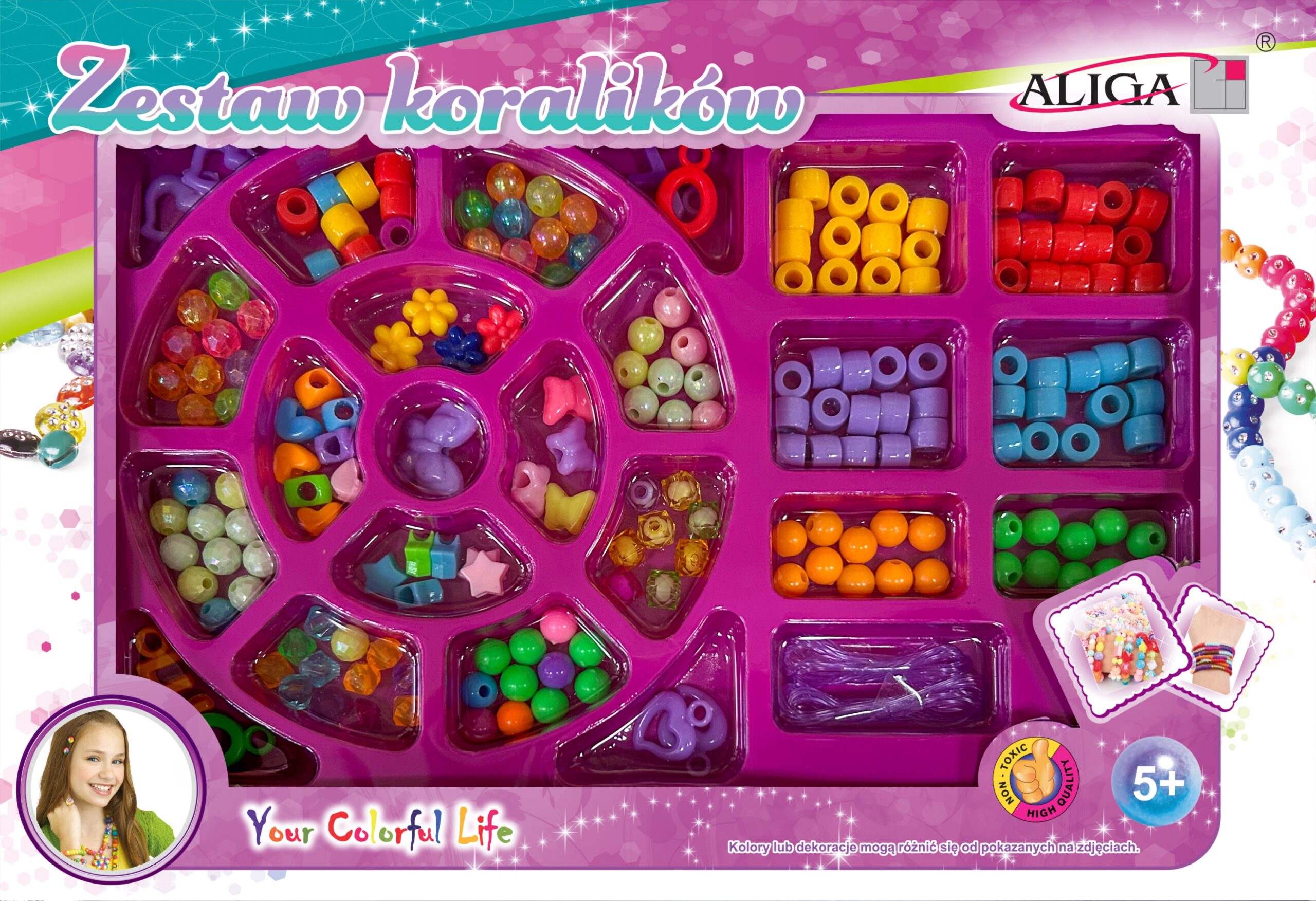 ZESTAW KORALIKÓW PLASTIKOWYCH 170szt MIX 2x ŻYŁKA