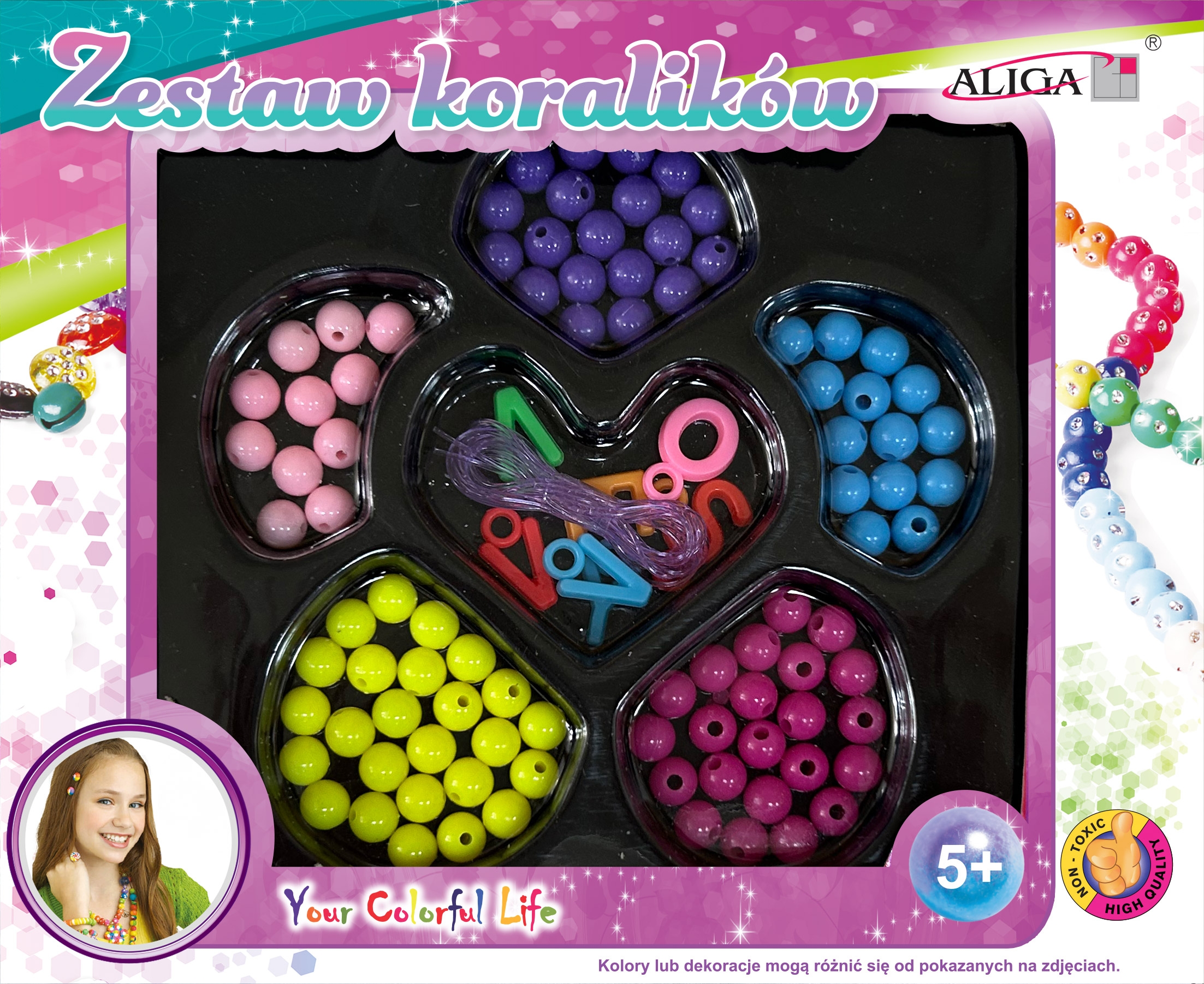 ZESTAW KORALIKÓW PLASTIKOWYCH 80szt MIX + ŻYŁKA