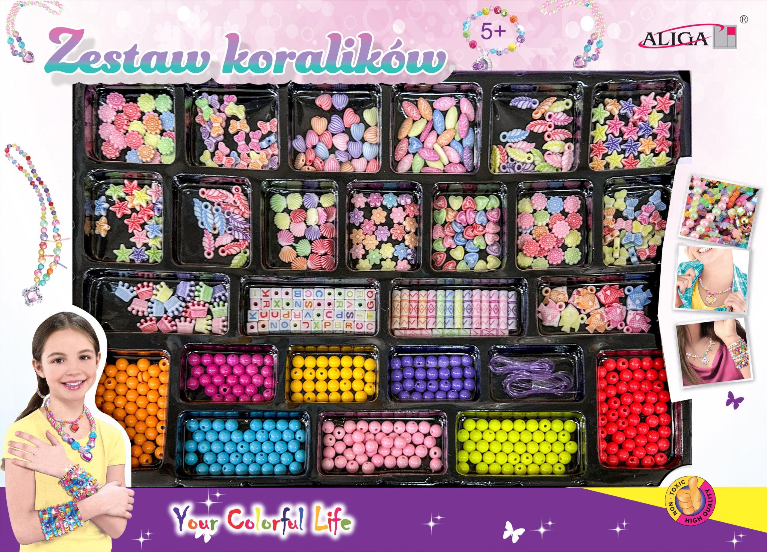 ZESTAW KORALIKÓW PLASTIKOWYCH 650szt MIX 2x ŻYŁKA